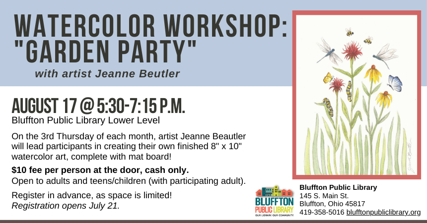 Cornflower blue bar across top of flyer; watercolor image of red bee balm and yellow daisies with green leaves. Insects around the flowers are: a black, yellow, and white caterpillar; two blue dragonflies; a blue and white butterfly; and a yellow butterfly.