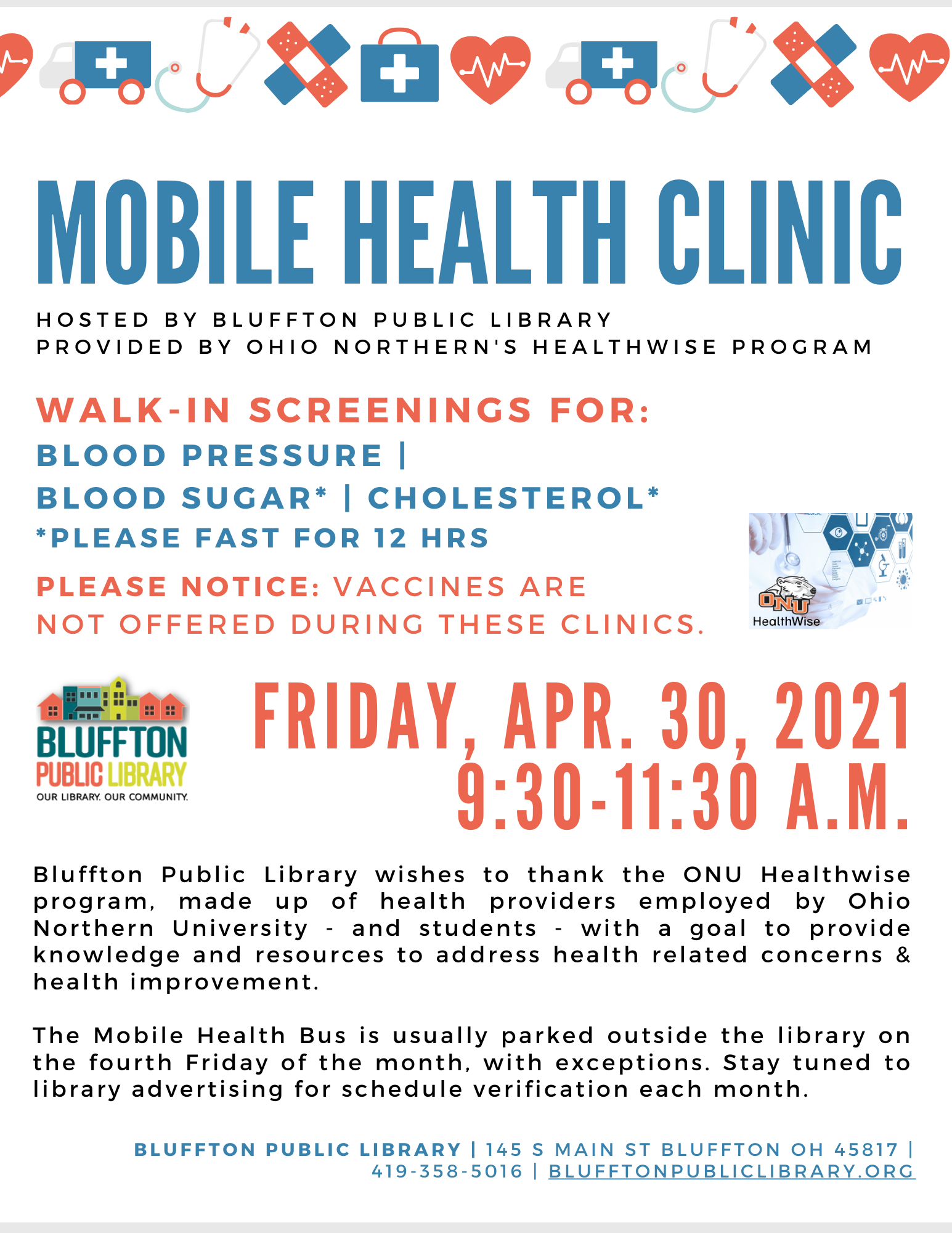 Free Mobile Health Clinic with ONU Healthwise. April 30 from 9:30am to 11:30am