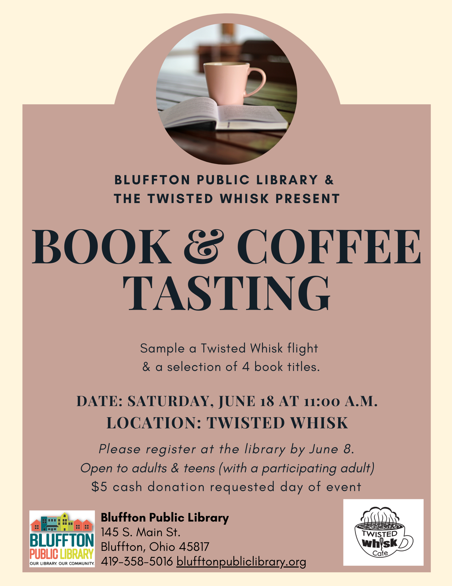 Cream and coffee colored flyer and frame, with image of coffee cup and open book.