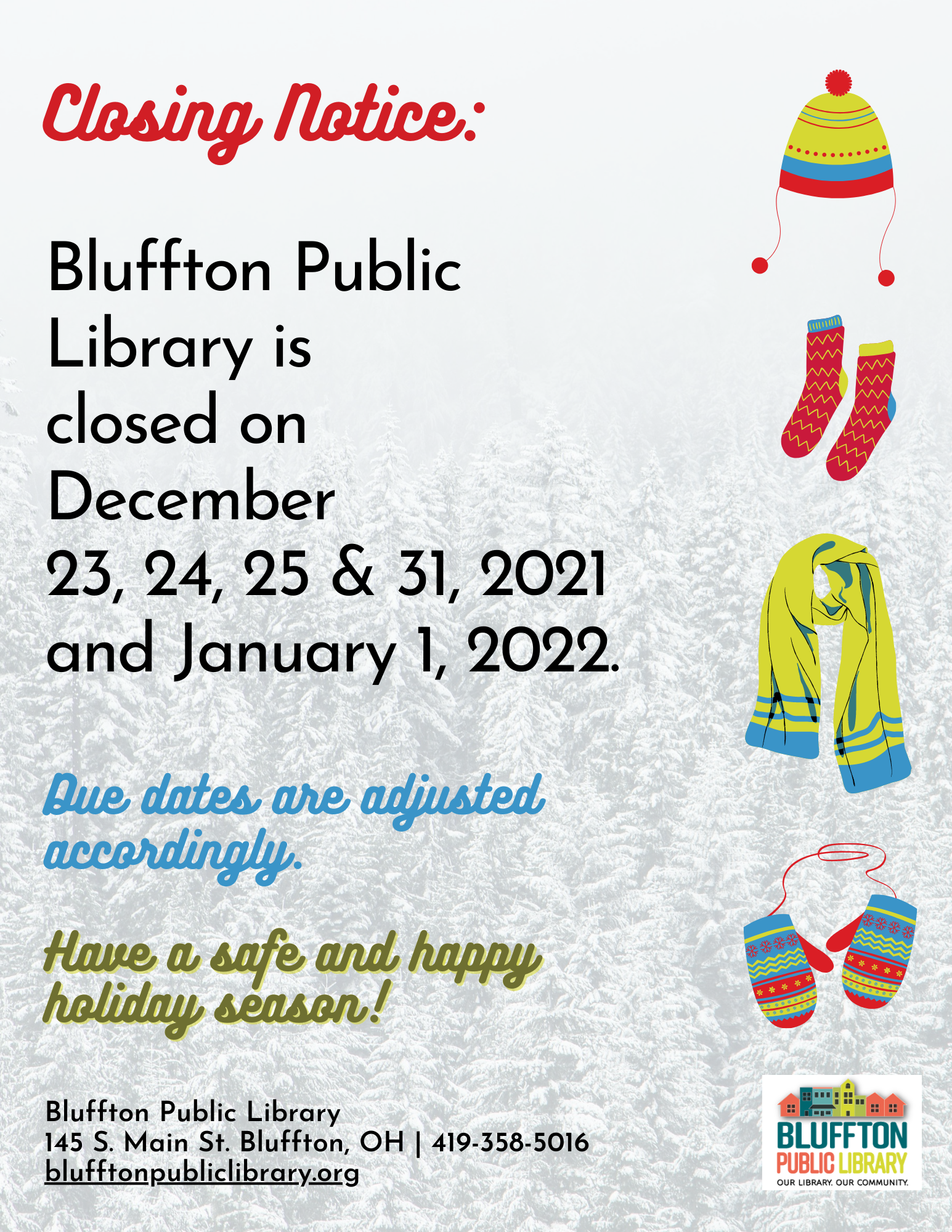 Winter themed flyer with closures over the holidays