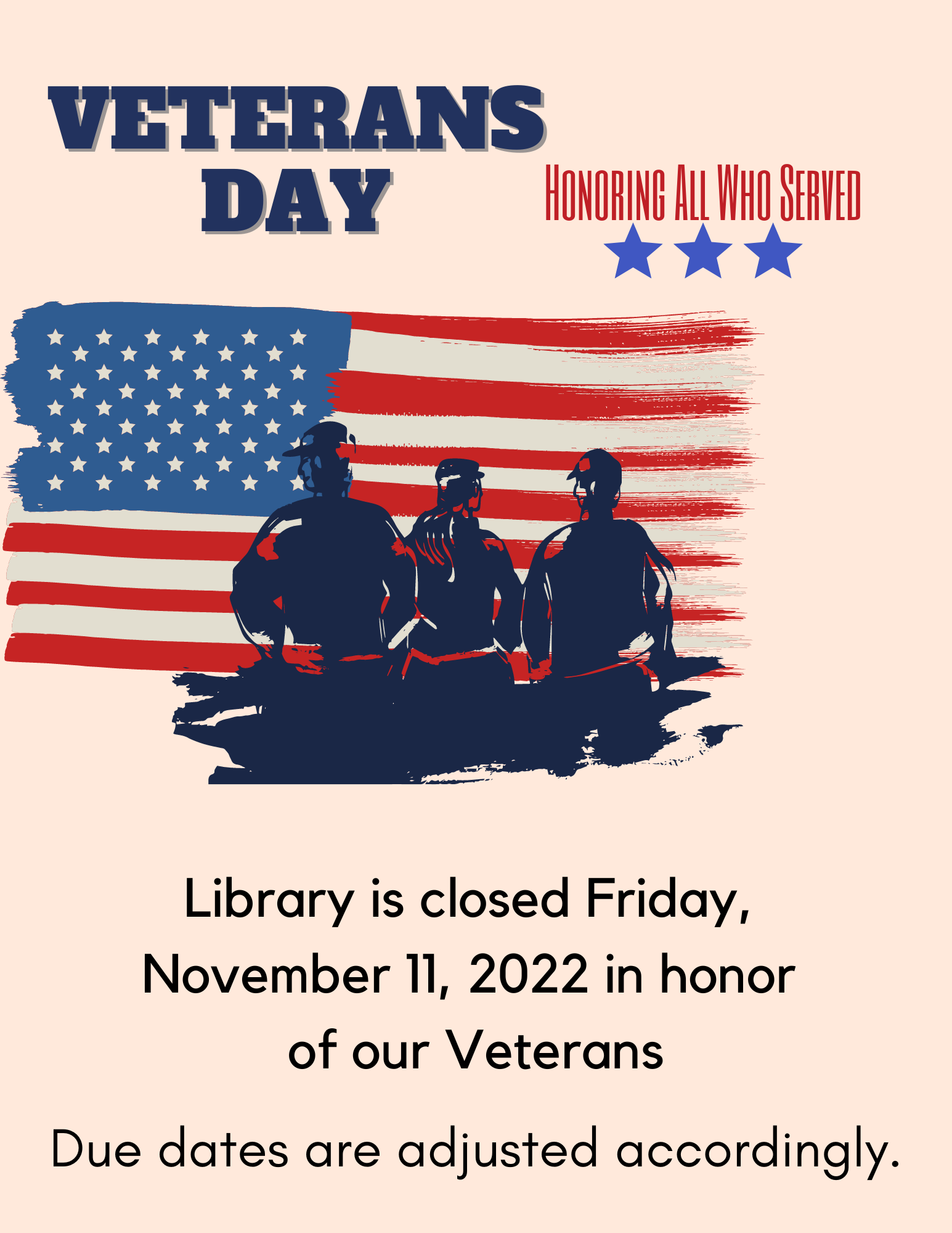 Cream background with red, white and blue American flag and silhouette of veterans in foreground. 