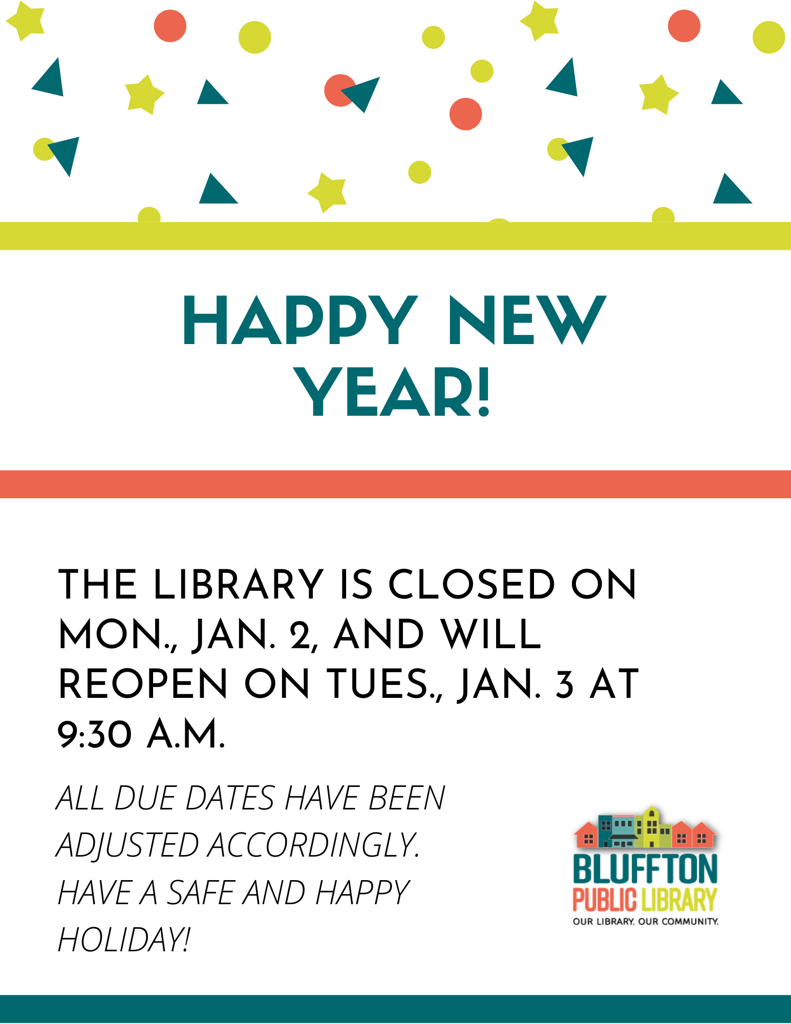 white background with yellow-green, orange and teal green narrow bars and same colored confetti at top of page. Library logo in same colors