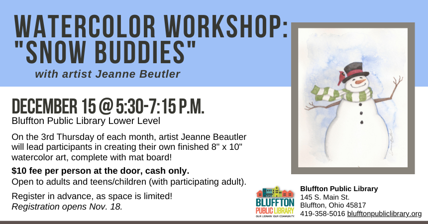 Blue bar at top of flyer, with a gray framed image of a watercolor snowman with a black top hat with a red band, and a perky red cardinal.