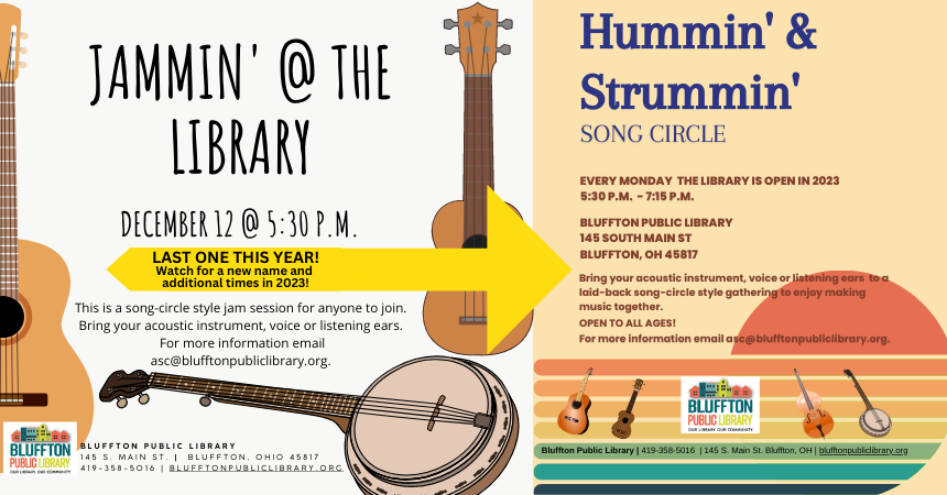 white background with clipart of guitar, ukulele and banjo on the left. On the right half is a second flyer for 2023 with similar images of instruments on the bottom with a 70s theme rainbow and sun design at the bottom of the page with a background of warm yellow.