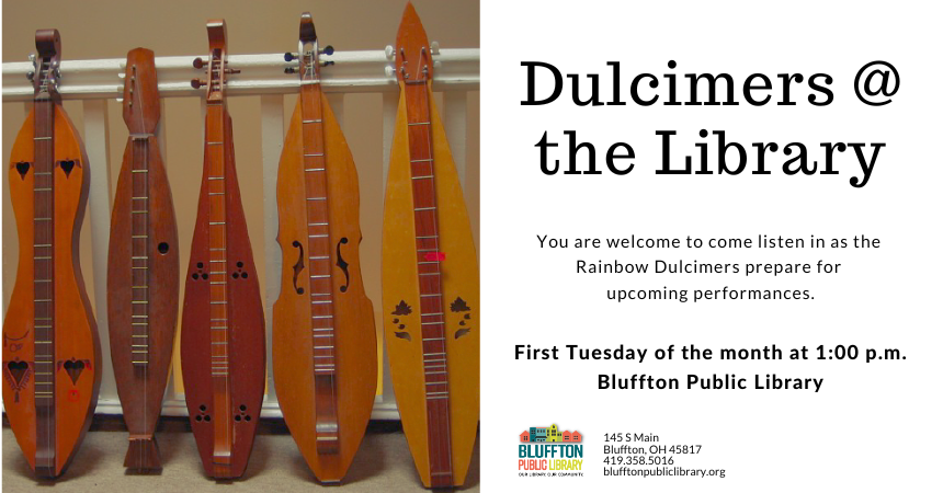 Photo of wooden dulcimers in various hues of brown, propped against a cream colored wall.  Description printed in black to the right of photo.