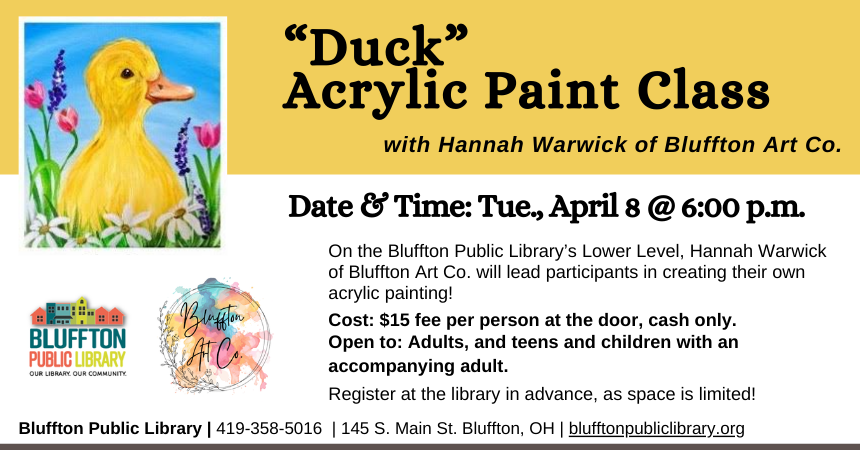 Acrylic painting example of a yellow duck with a blue sky and green grass and flowers.