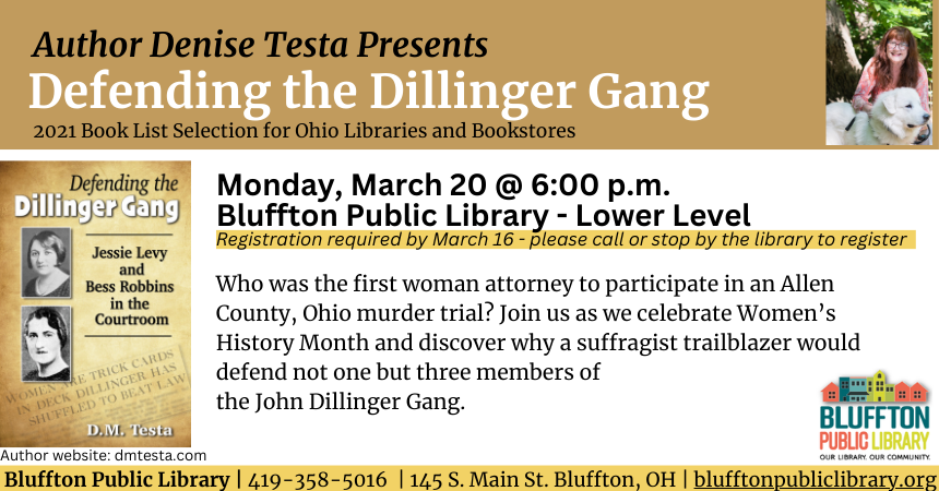 Light brown banner with program title in black and white print; sepia book cover with black and white images of women; library logo in rainbow colors; text.