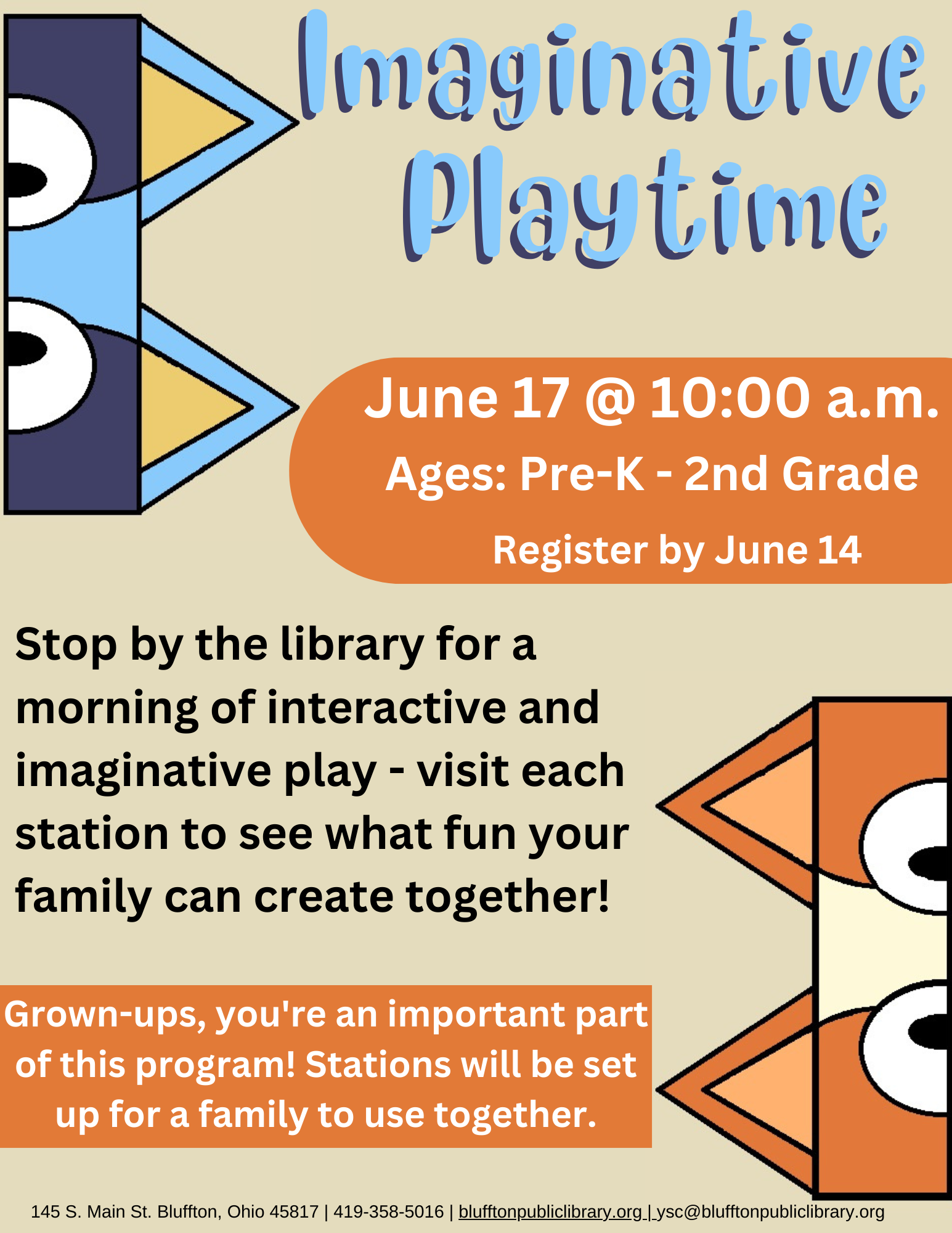 Tan background with geometric animal faces in blue, orange, black and white; Orange color blocks. Blue, white, and black text.