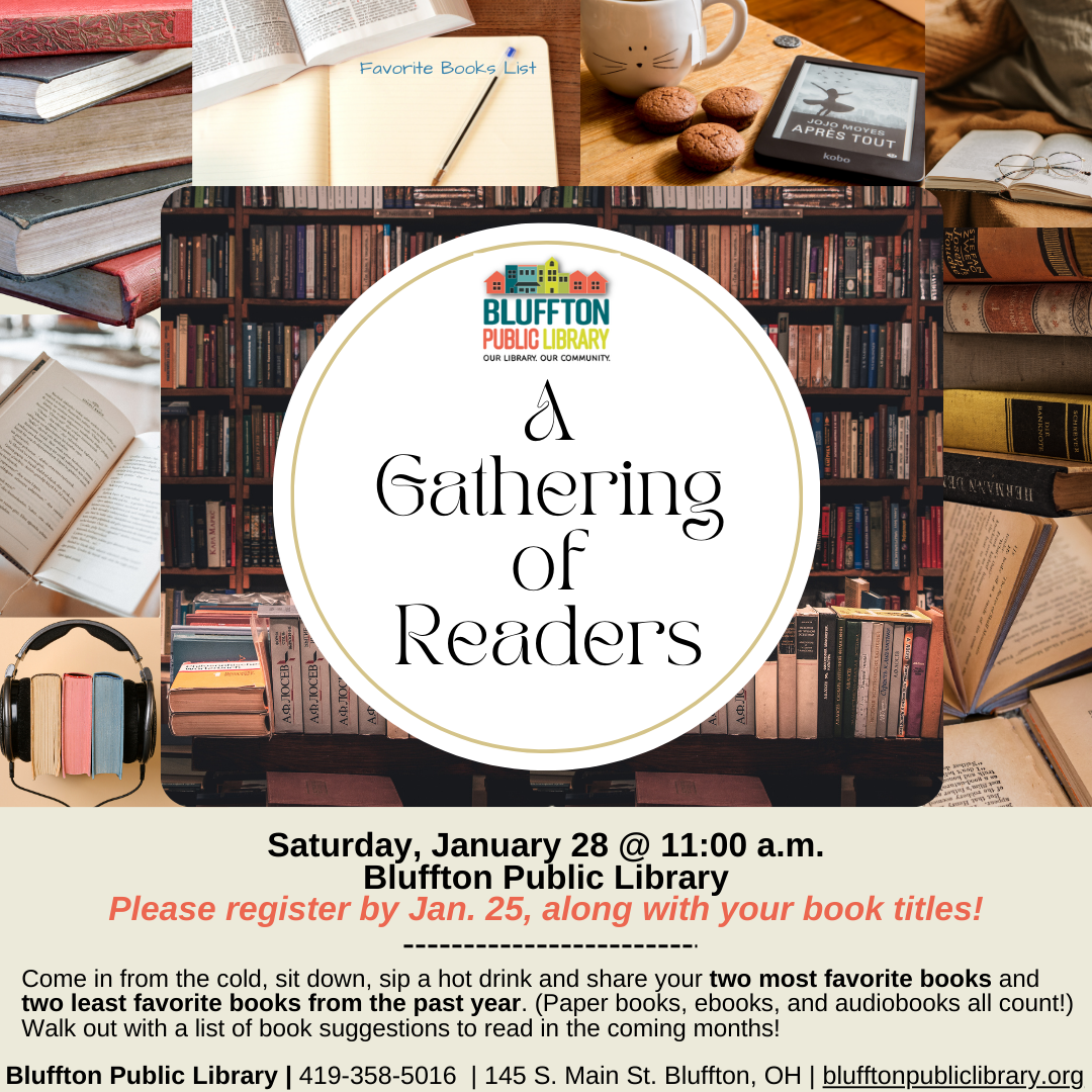 Collage of pictures of books, headphones and ereaders; tan background; library logo