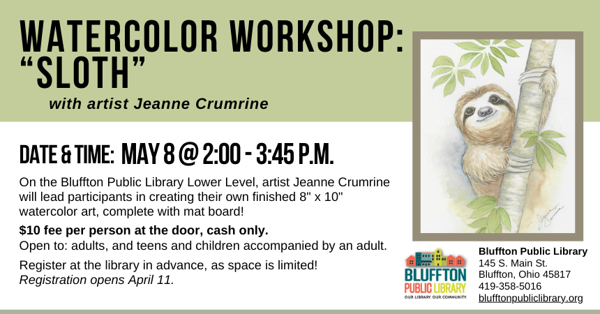 watercolor image of a sloth hanging from a tree