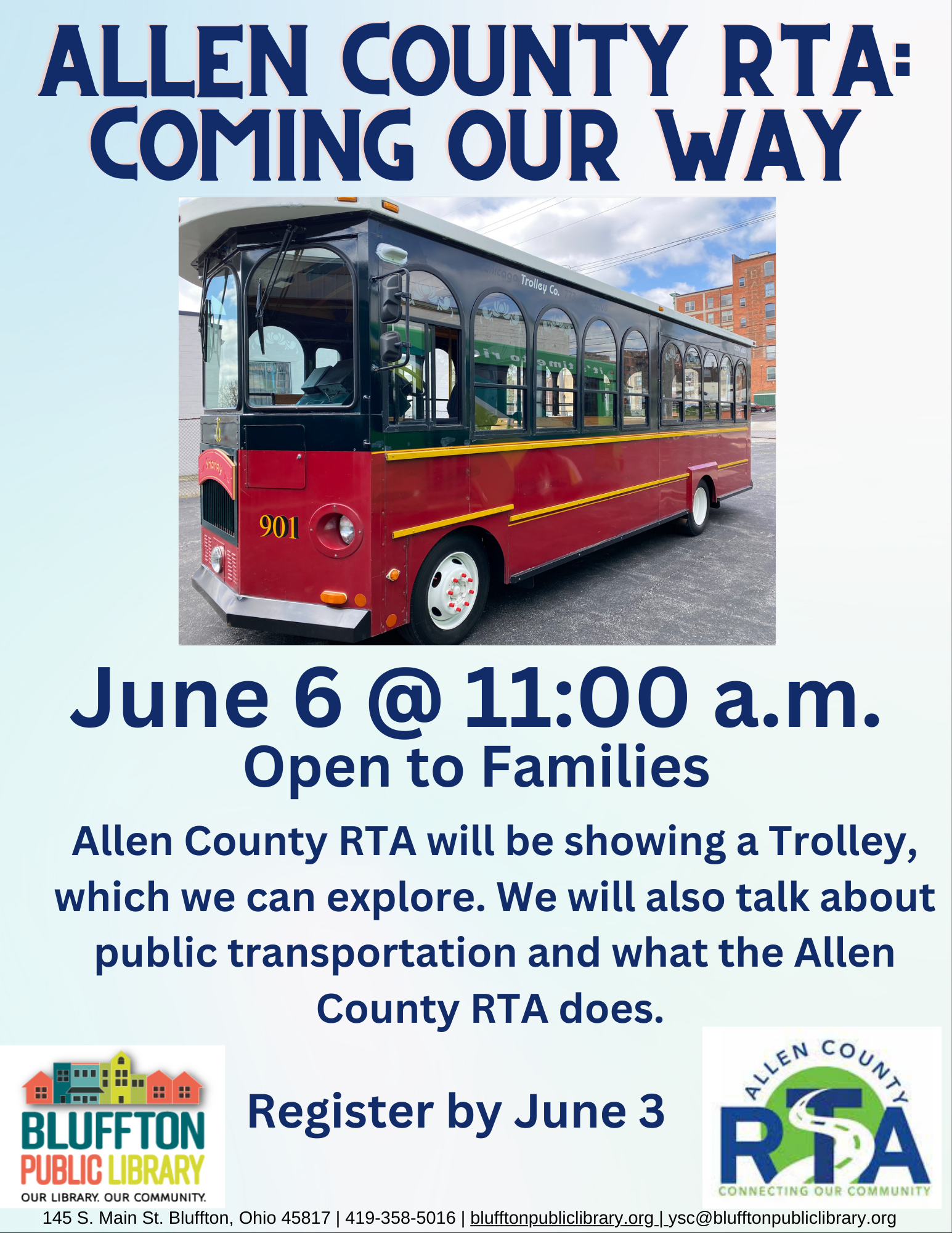 Light blue ombre background with photo of a red trolly bus. Library logo and RTA logo, black and navy blue text.