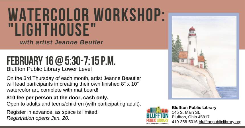 Watercolor of a red roofed cream lighthouse on a gray cliff, backed by green pine trees and overlooking the blue sea. Framed by a blue matt, and title of workshop backed by a red banner across the top. Text below.