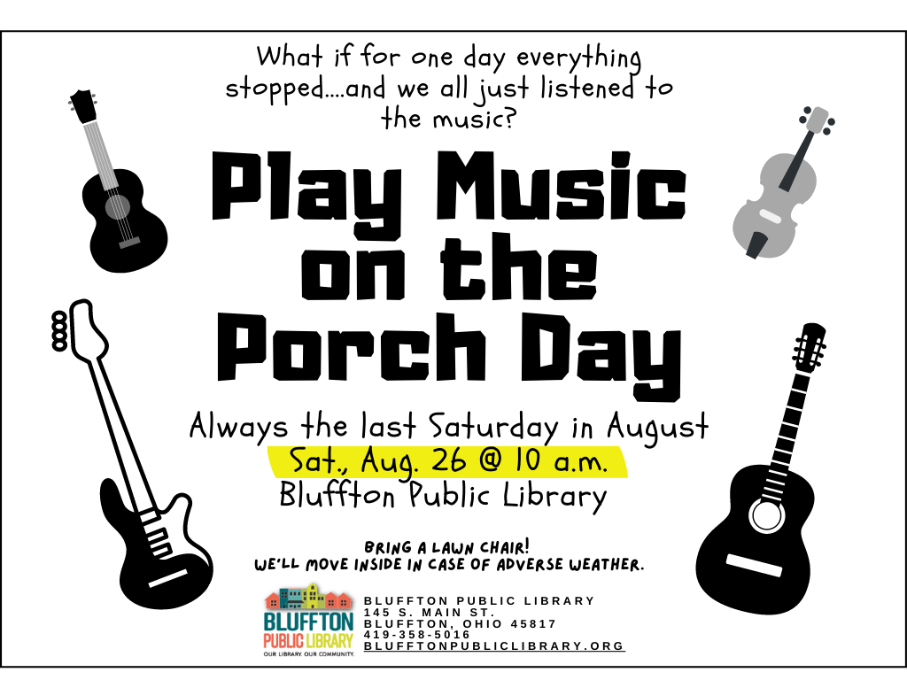 White flyer with black silhouettes of guitar, ukulele, violin and bass. Black text and highlighted date.
