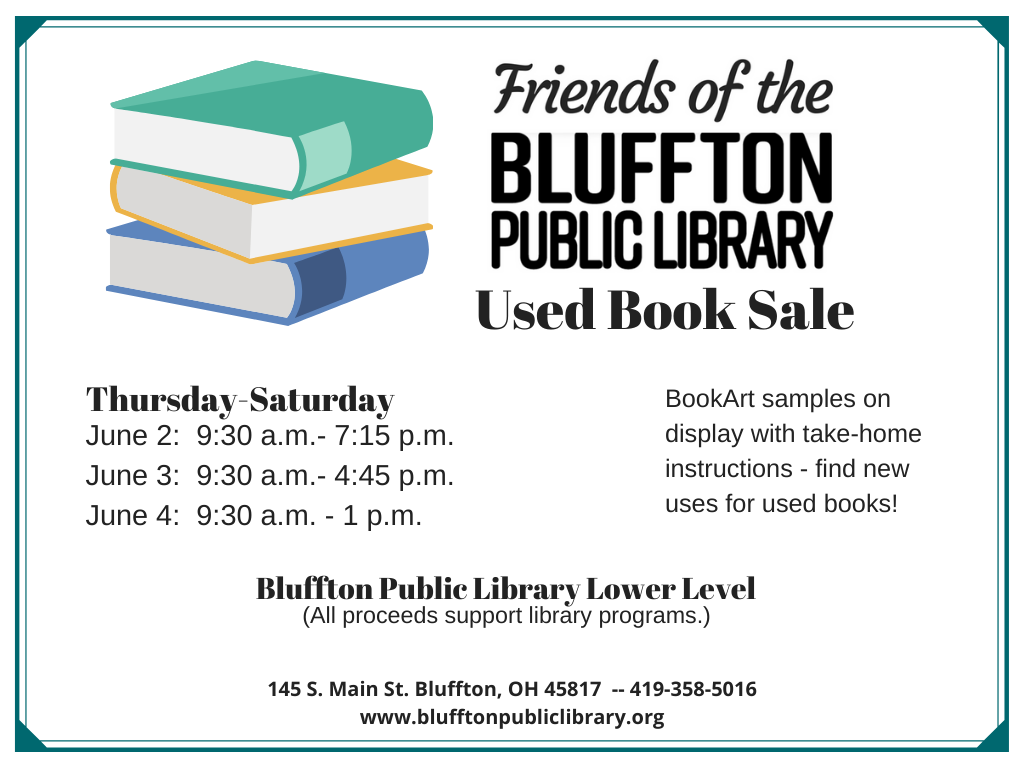 White background, dark green frame, and multicolored stack of books, with black text description of programs.