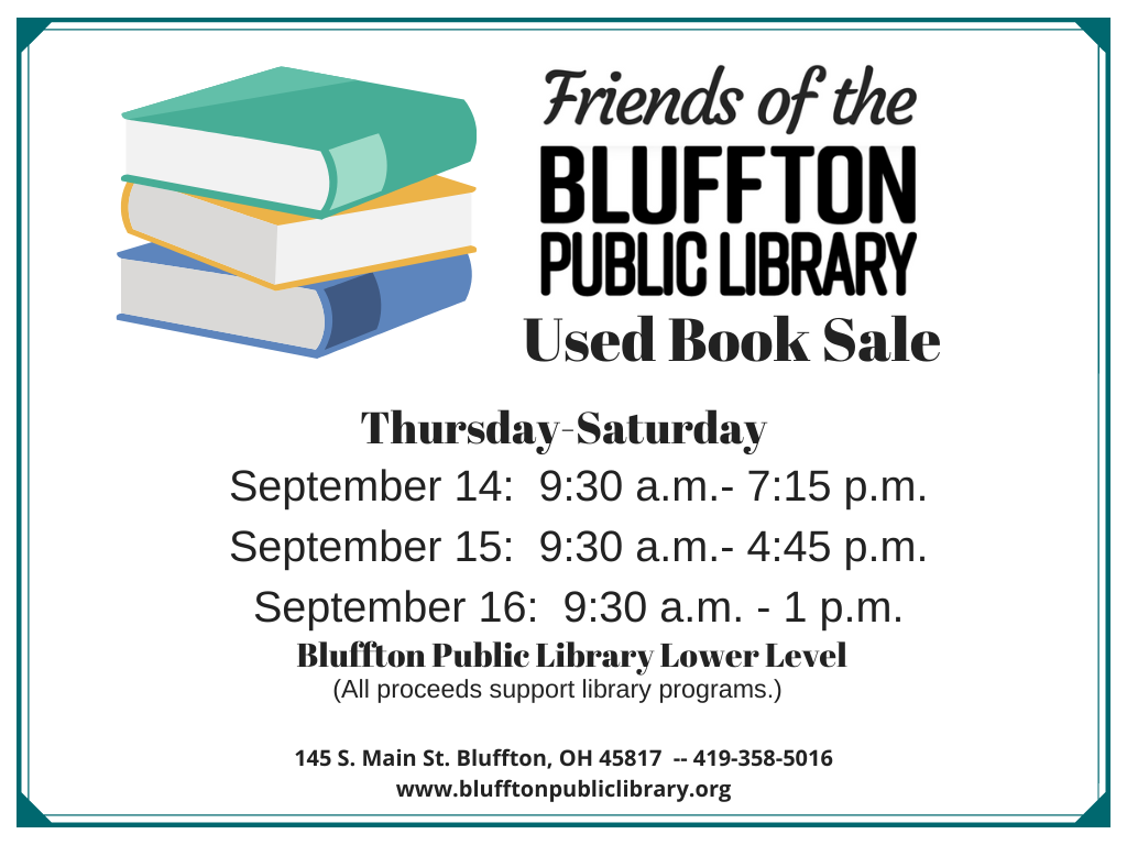 White background with teal frame. Teal, yellow, and blue book image. Black text with description and times.