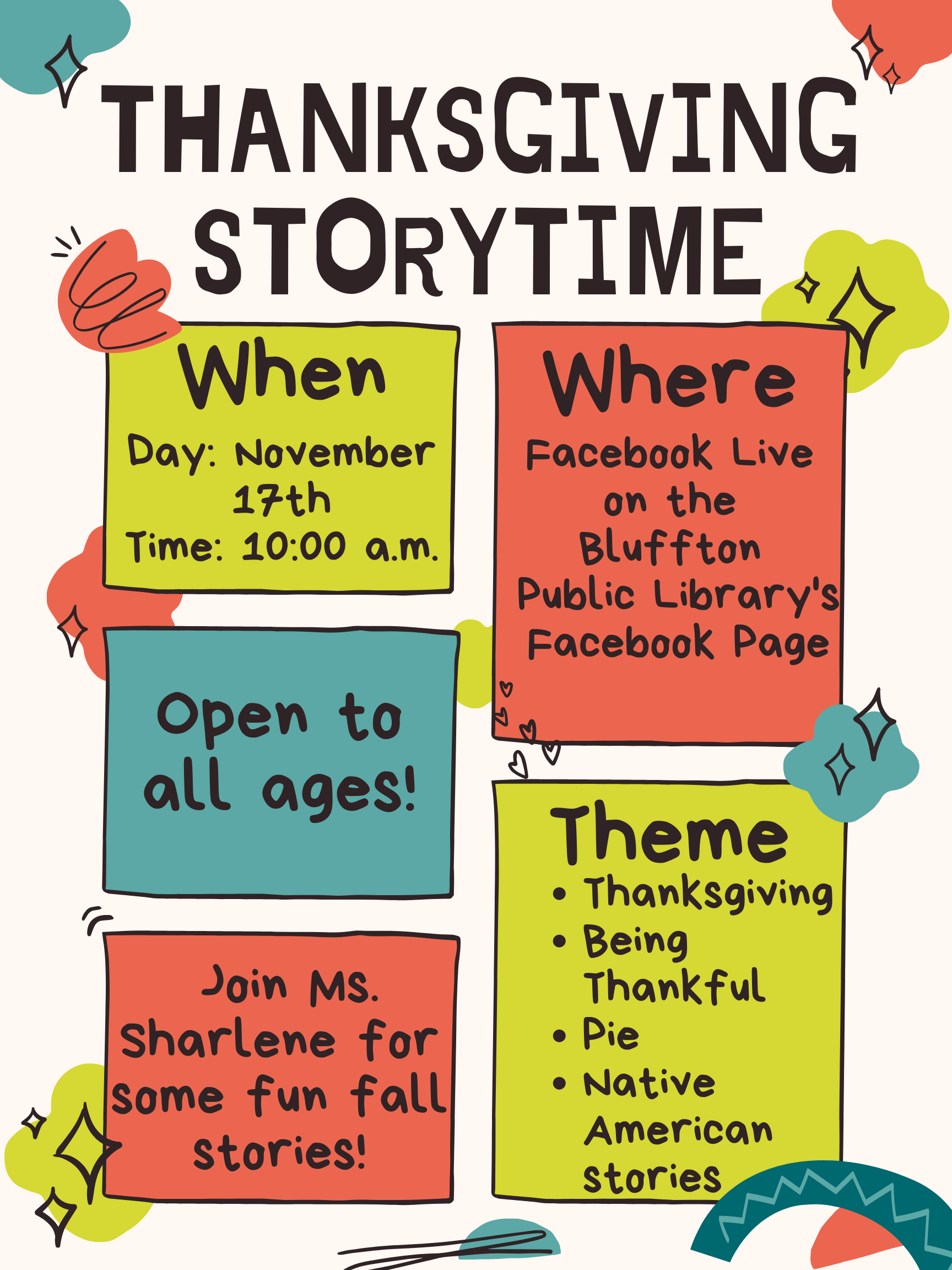 colorful flyer with dates and times of Thanksgiving Storytime