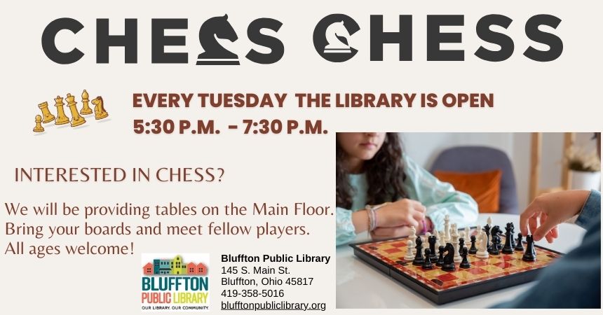 Cream colored background. Image of children playing chess. Brown text. Library Logo.