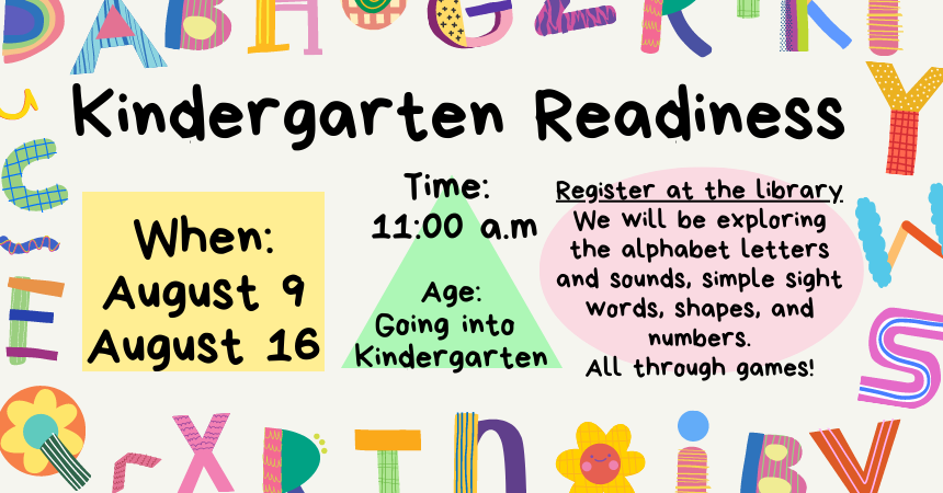 Multicolored letters around border of flyer. Black text over a yellow rectangle, green triangle, and pink oval.