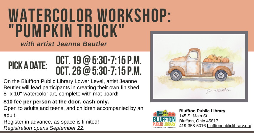Orange block at top of flyer with black title. White background of flyer with black description text. Image of water color painting of an orange truck with orange pumpkins in the back of it.