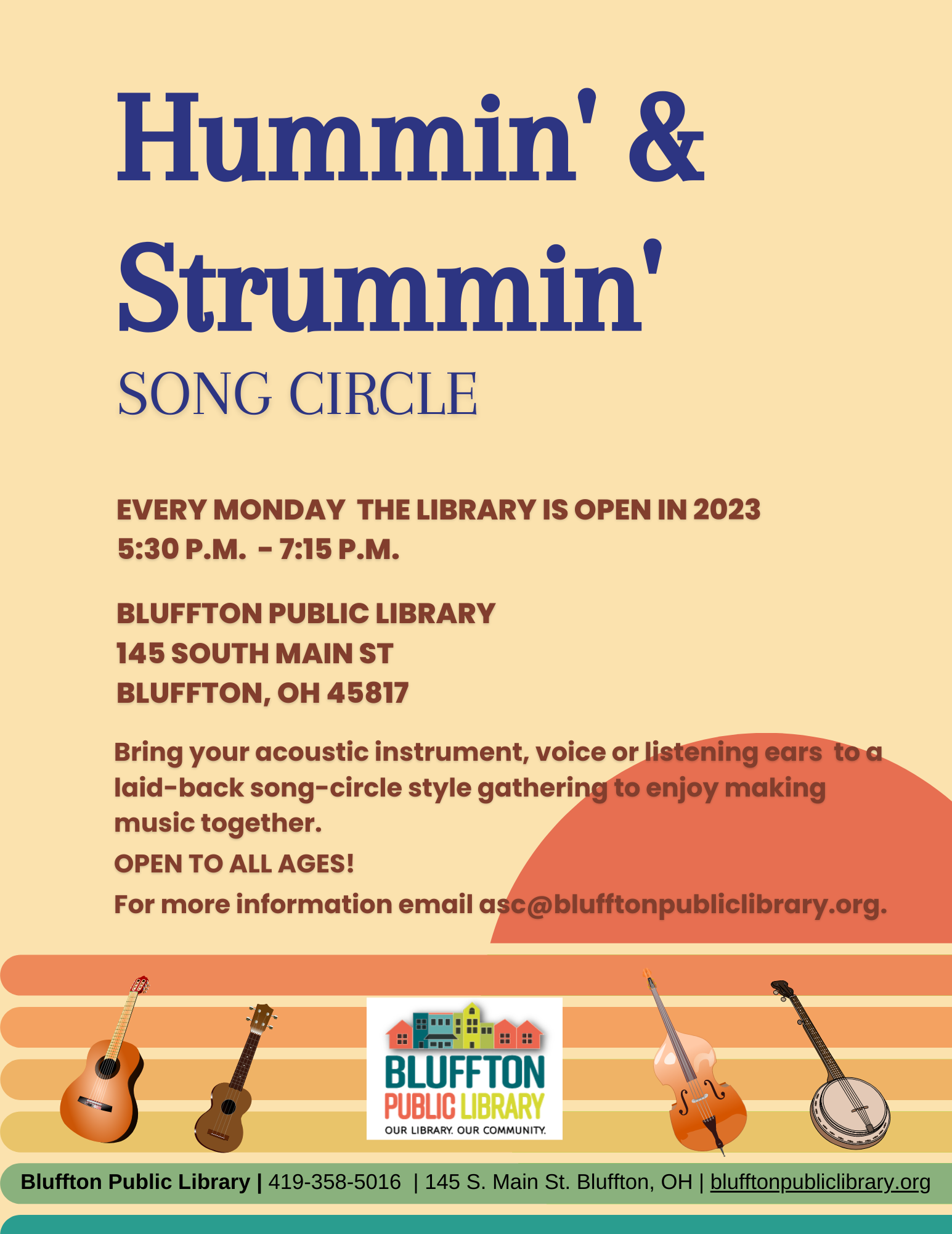 Butter yellow background with 1970s style multicolored rainbow and sun at the bottom with cartoon images of instruments.