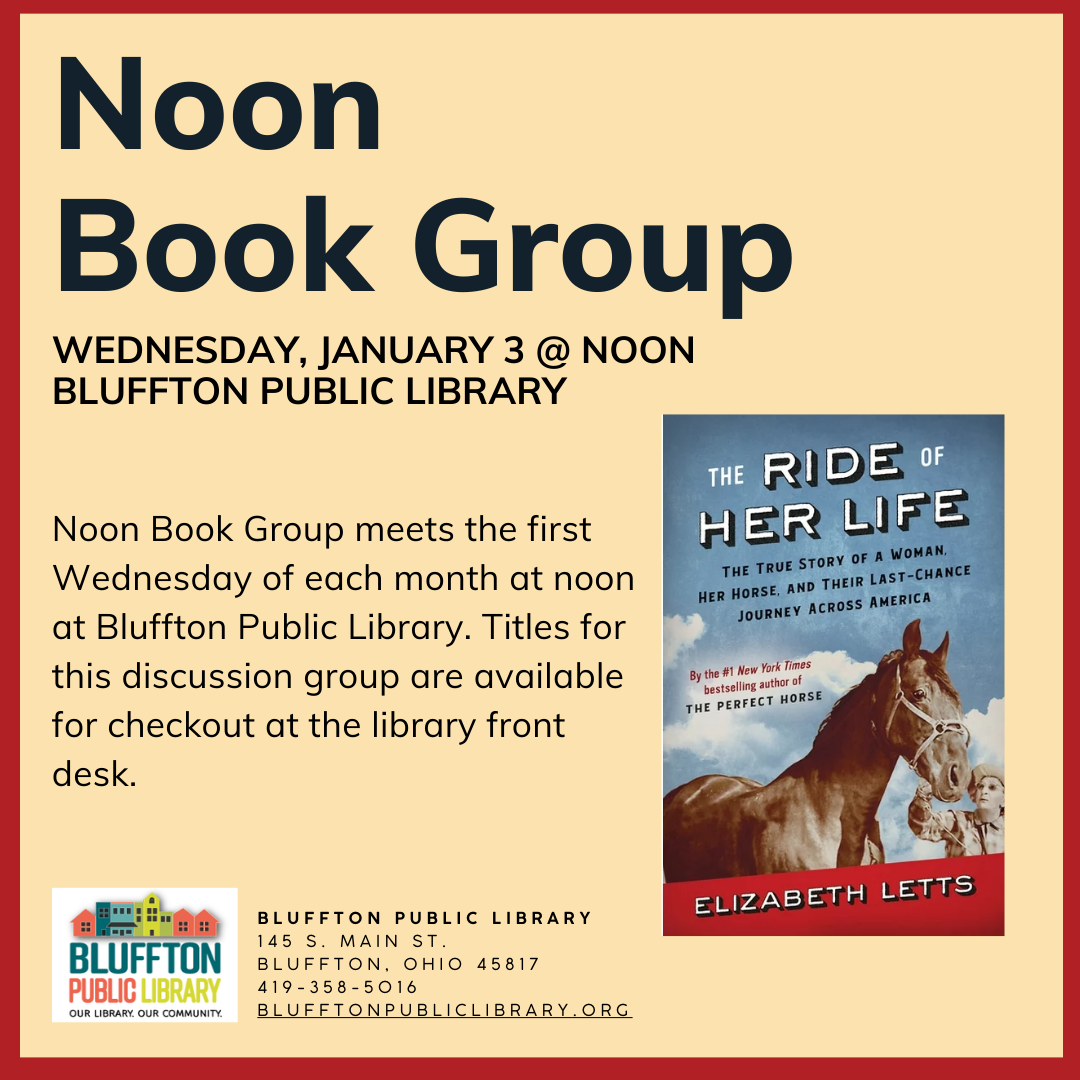 Cream colored background with red frame. Photo of book picturing a brown horse, woman, blue sky in the background with white clouds. Red foreground with author's name. Flyer has black text describing the program.