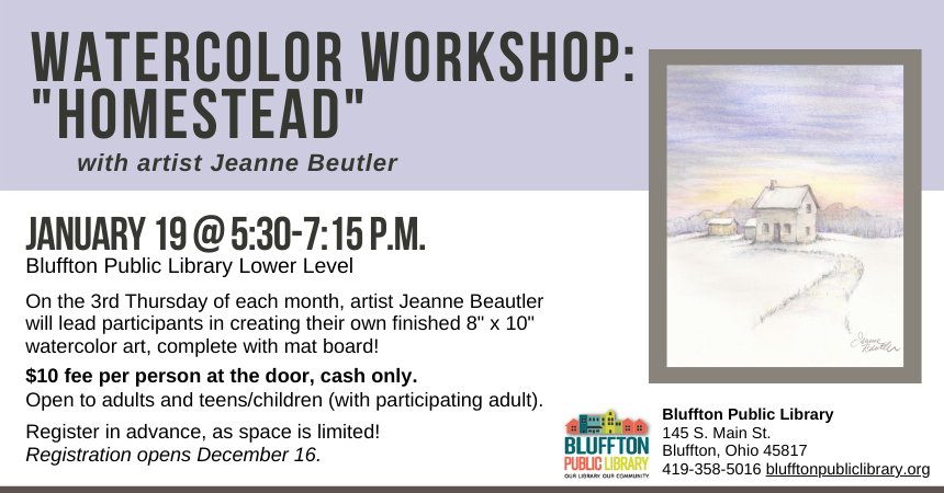 Light lilac banner with title across it; gray framed watercolor art with purple skies, snowy foreground, and light tan cabin