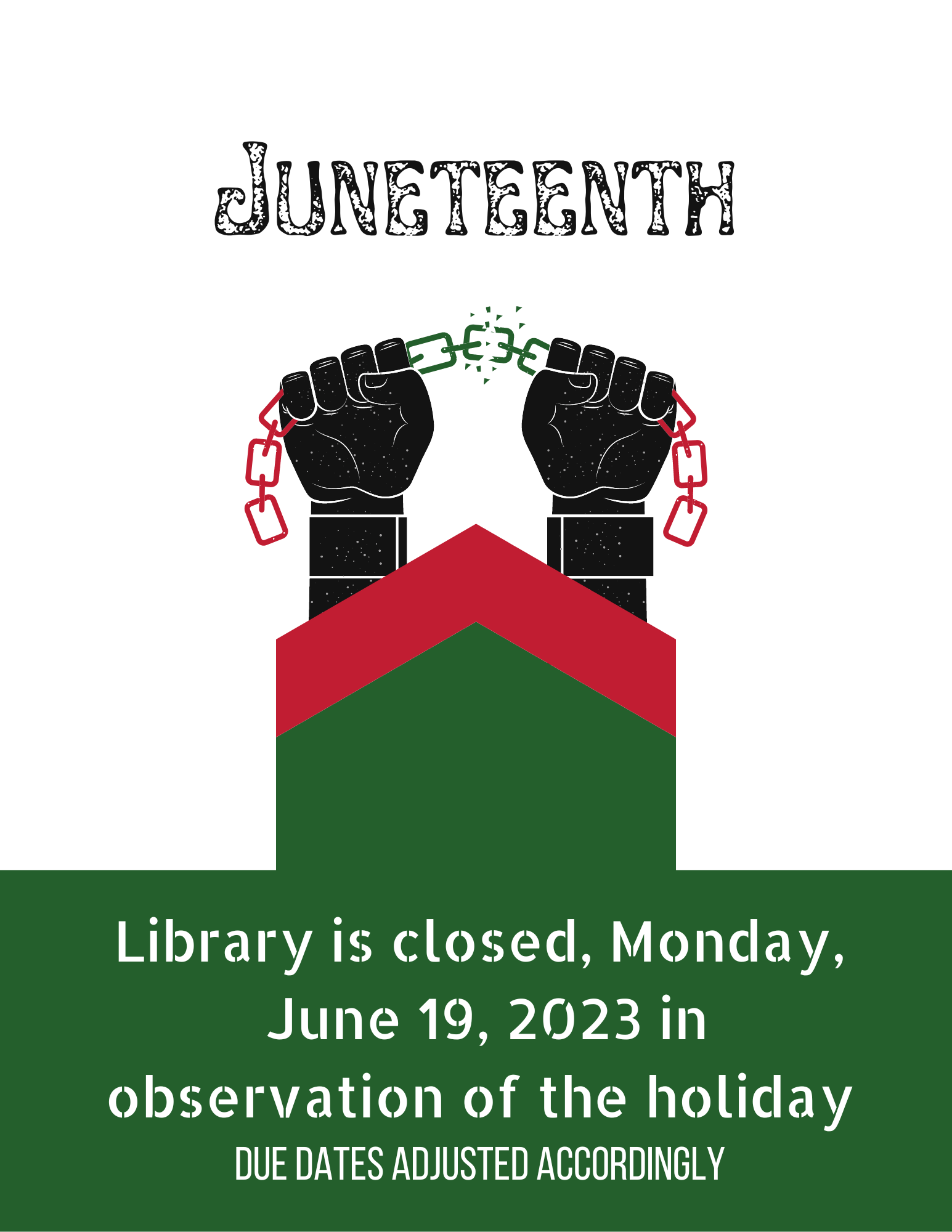 White background, forest green block on bottom, black hands breaking chains. Black and white text.