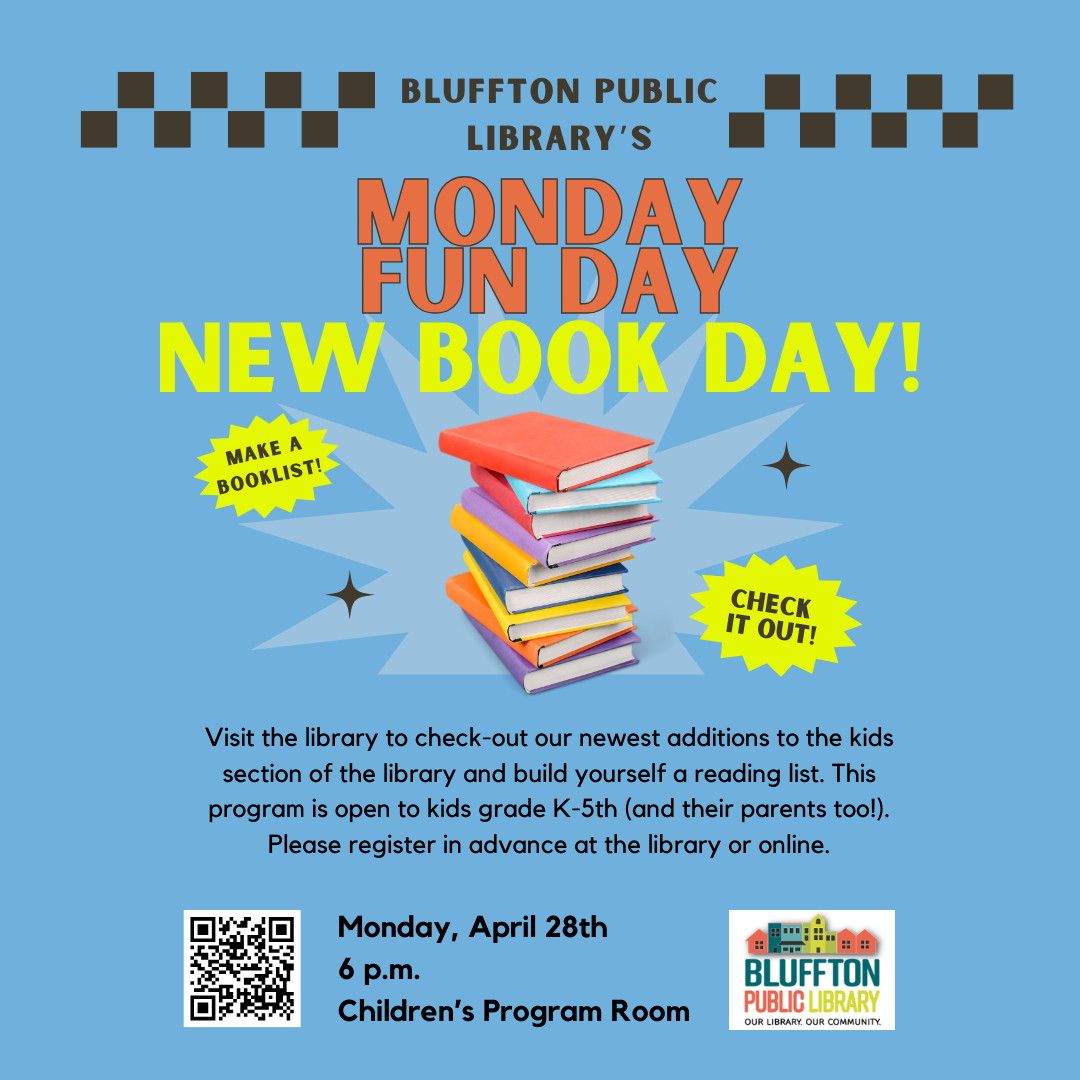 Sky blue background with a graphic of a stack of books. Text