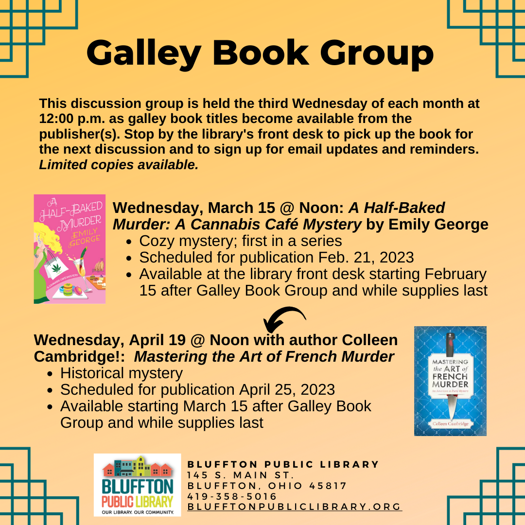 Yellow ombre background with teal edging; multicolored library logo and pink and blue book covers. Text.