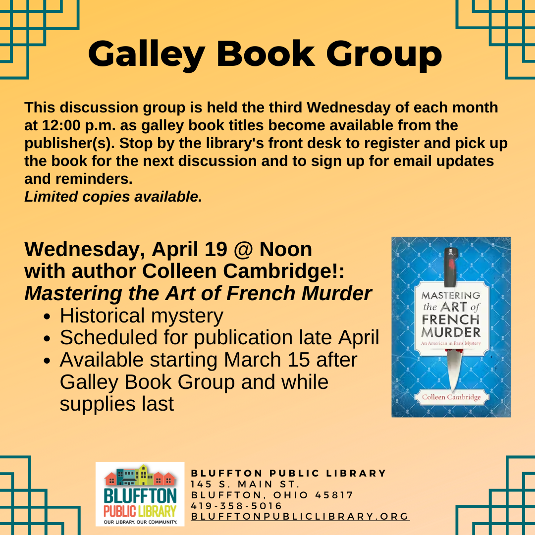 Yellow ombre background with teal edging; multicolored library logo and blue book cover pierced with a chef's knife.