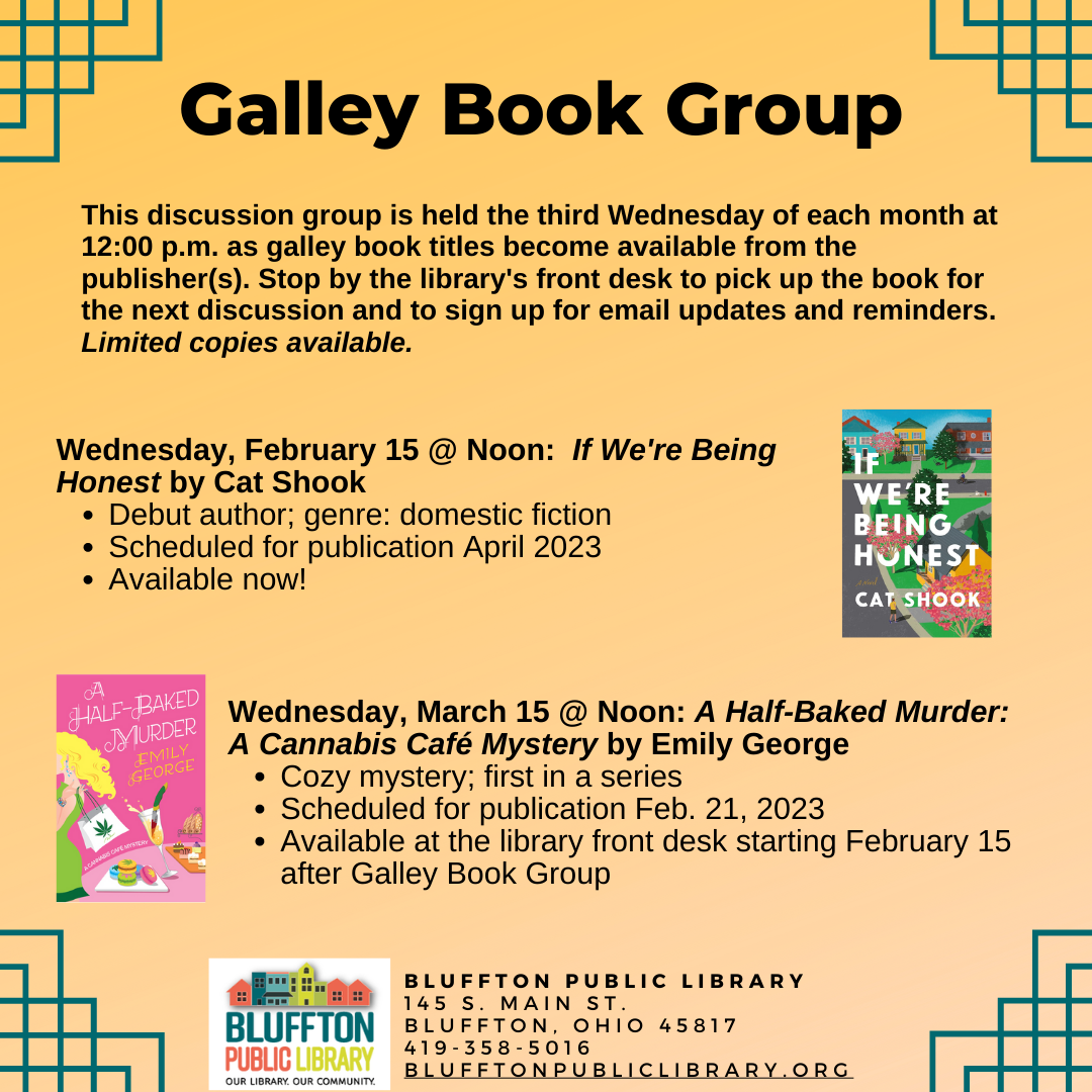 Yellow ombre background with teal edging; multicolored library logo and book covers. Text