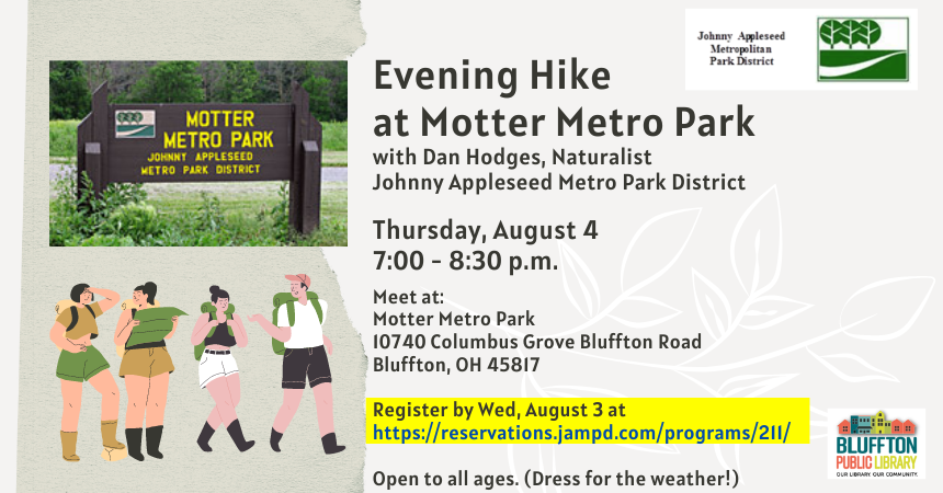 Tan background with image of brown Motter Park sign and cartoon image of hikers