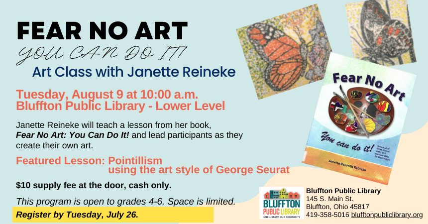 Text on aqua colored background with book cover portraying art supplies and butterfly paintings made of dots of mulitcolored paint