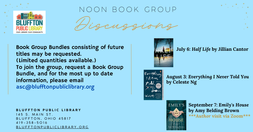 baby blue background with images of book covers and library logo