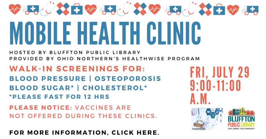 White background with blue and red hearts, trucks, etc. images with library logo and ONU logo