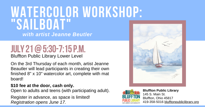 Cornflower blue banner with name of program, watercolor sailboat in blues and browns.