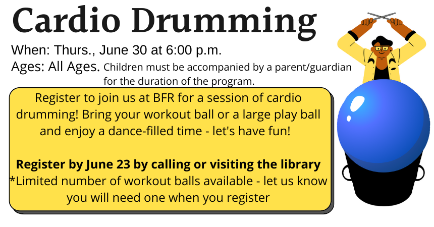 White background, yellow block with text. Cartoon image of drummer wearing an yellow jacket and holding drumsticks, banging on a giant blue ball.