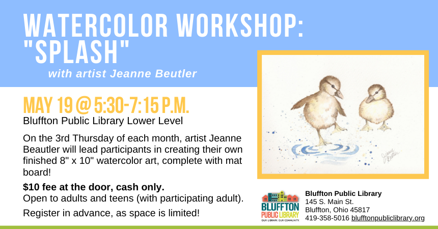 Watercolor ducks splashing in a puddle. White text over blue background.