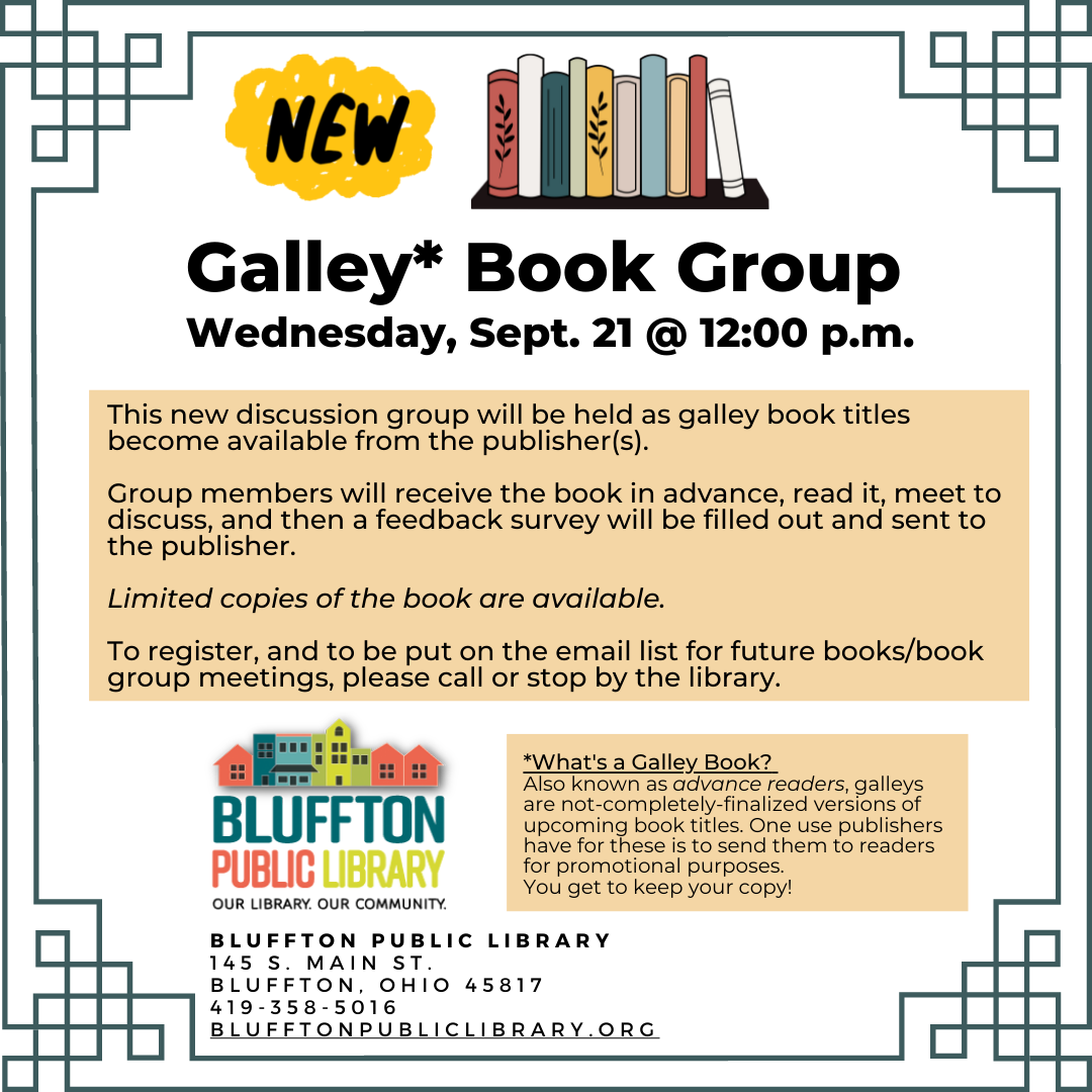 Yellow "New!" and multicolored shelf of books, library logo and text