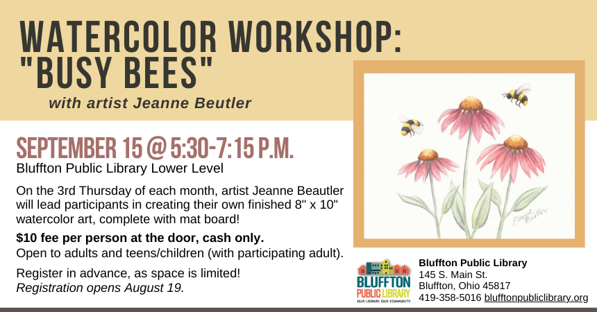 Buttery Yellow title bar and mat around watercolor painting of pint flowers with yellow and black bees