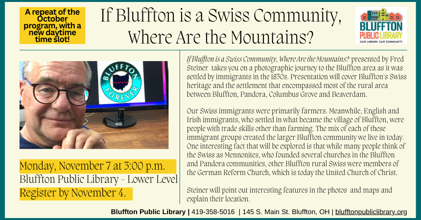 Creamy yellow background with teal text and black text. Image of Fred and logo for Bluffon Forever