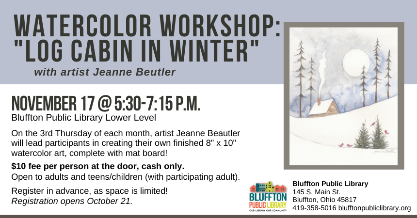 Dusty purple banner across top of flyer, image with snowy winter scene with pine trees, cabin and moon and pine trees and red cardinals in foreground.