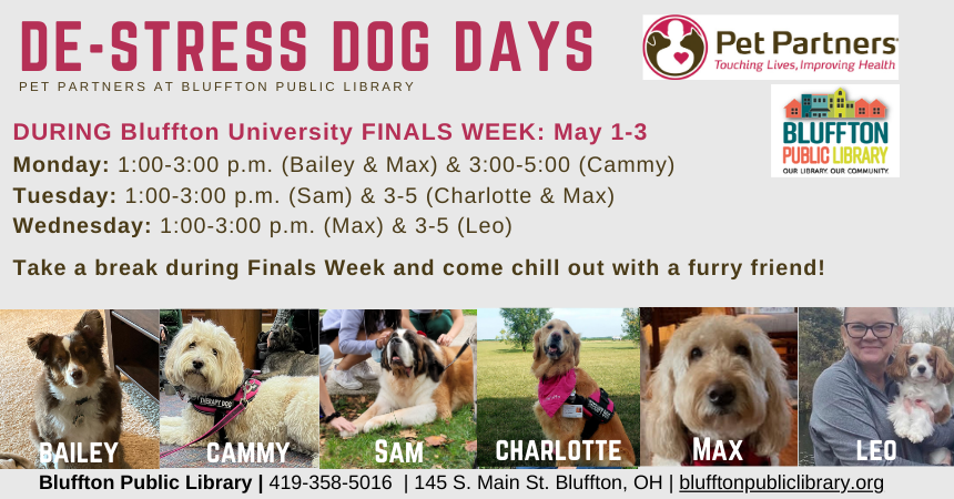 Grey background with photos of 6 different dogs. Red text, Library logo and Pet Partners logo.