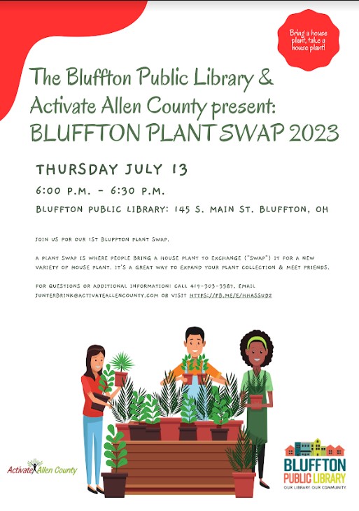 White background with red corner and bottom third of flyer is an illustration of 3 people holding many plants, around a table with plants. Text is deep green. Library logo and Activate Allen County logo.