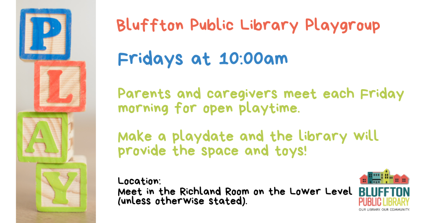 Stack of children's wooden alphabet blocks spelling out the word "Play". Text in orange, blue, green and black. Library logo.