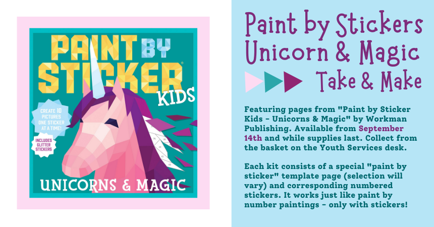 Flyer with Paint by Sticker Unicorn image and description