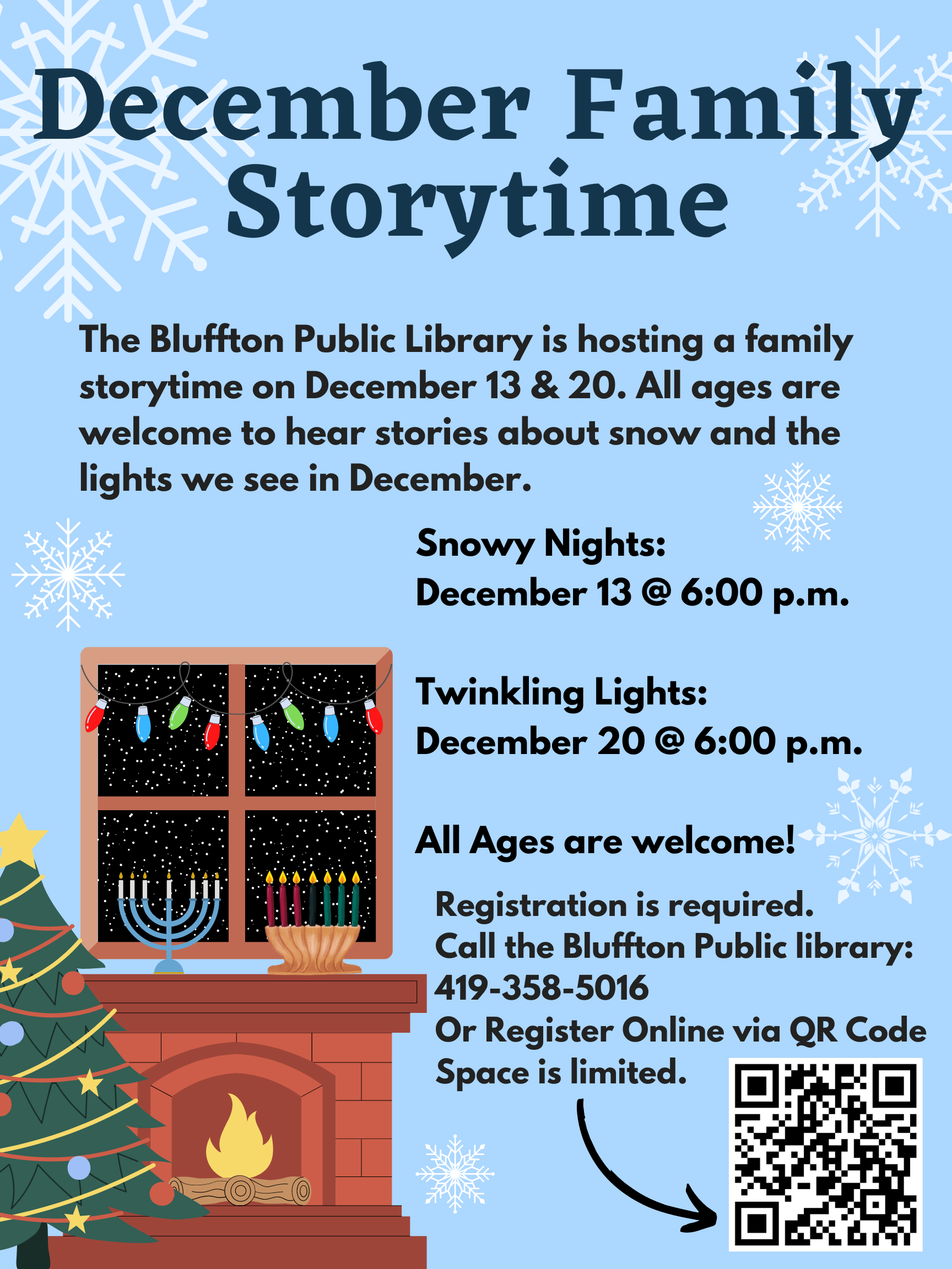 Blue background with cartoon brown fireplace with black window above it and red and green holiday lights. Decorated cartoon tree in front. QR code.