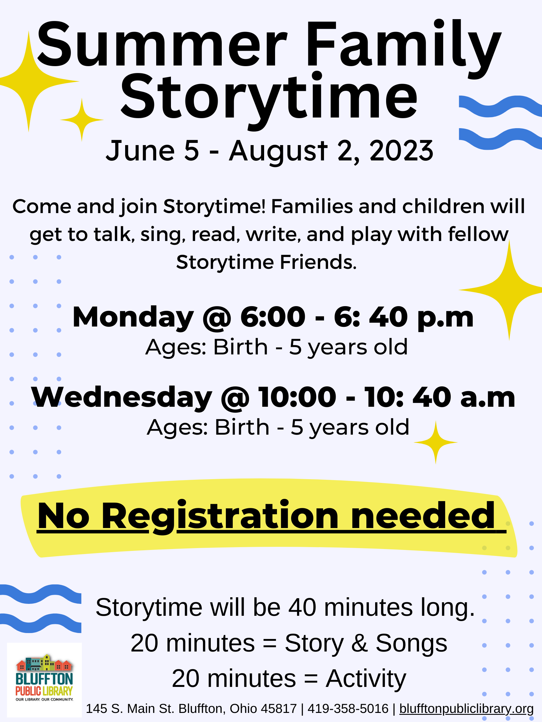 Light blue background with yellow 4-pointed stars and royal blue squiggles. Black text with "No Registration needed" highlighted in yellow. 