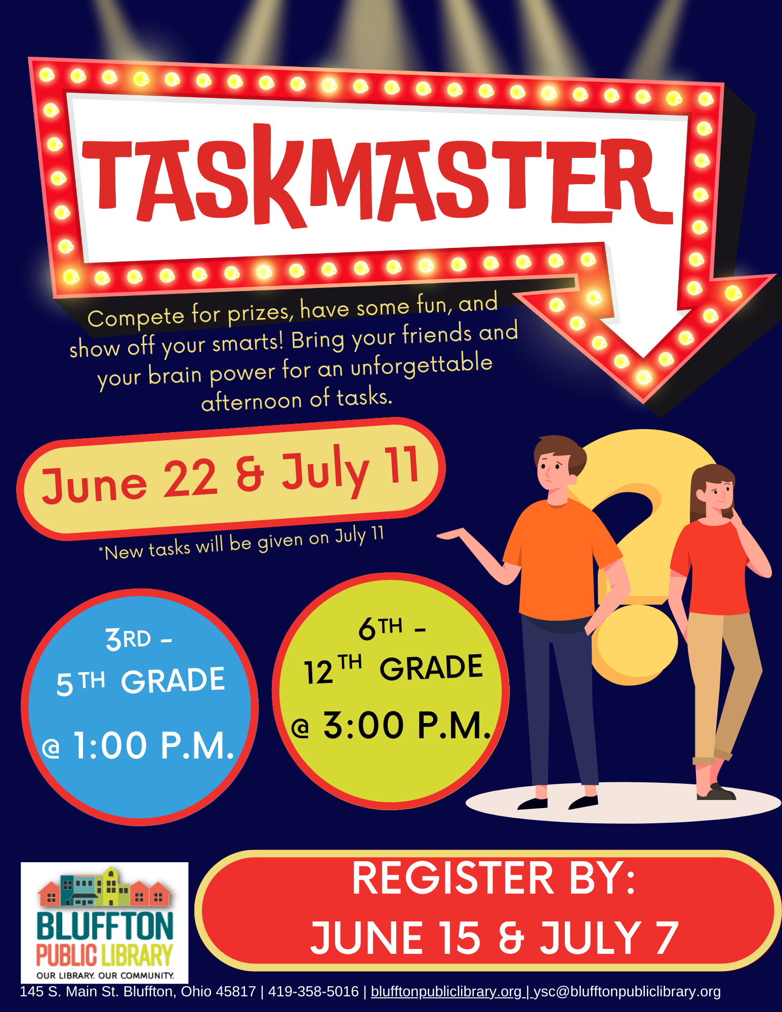 Dark navy blue background with game show-like "Taskmaster" kiosk. Brightly colored circles and ovals with text. Cartoon image of kids and a yellow question mark in the background.