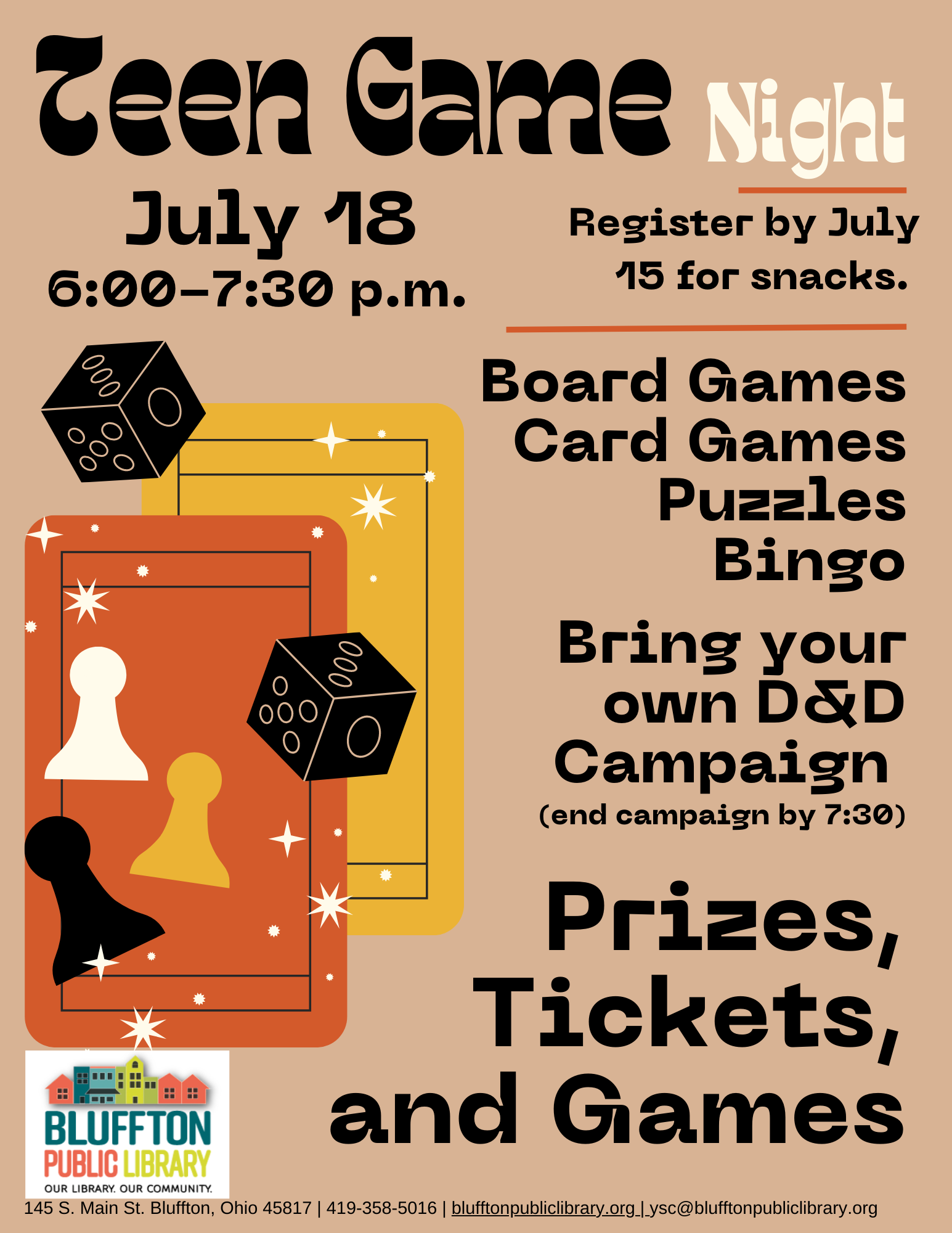 Sepia background with 1970s vintage image of chess pieces, dice, and cards. Black and white text.